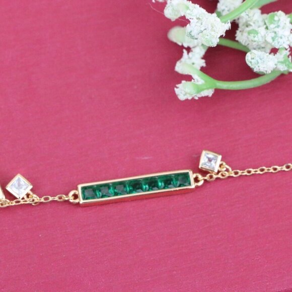 "Emerald Green Bar Charm Rose Gold Bracelet with CZ Accents, XPBL0806 - Picture 9 of 11
